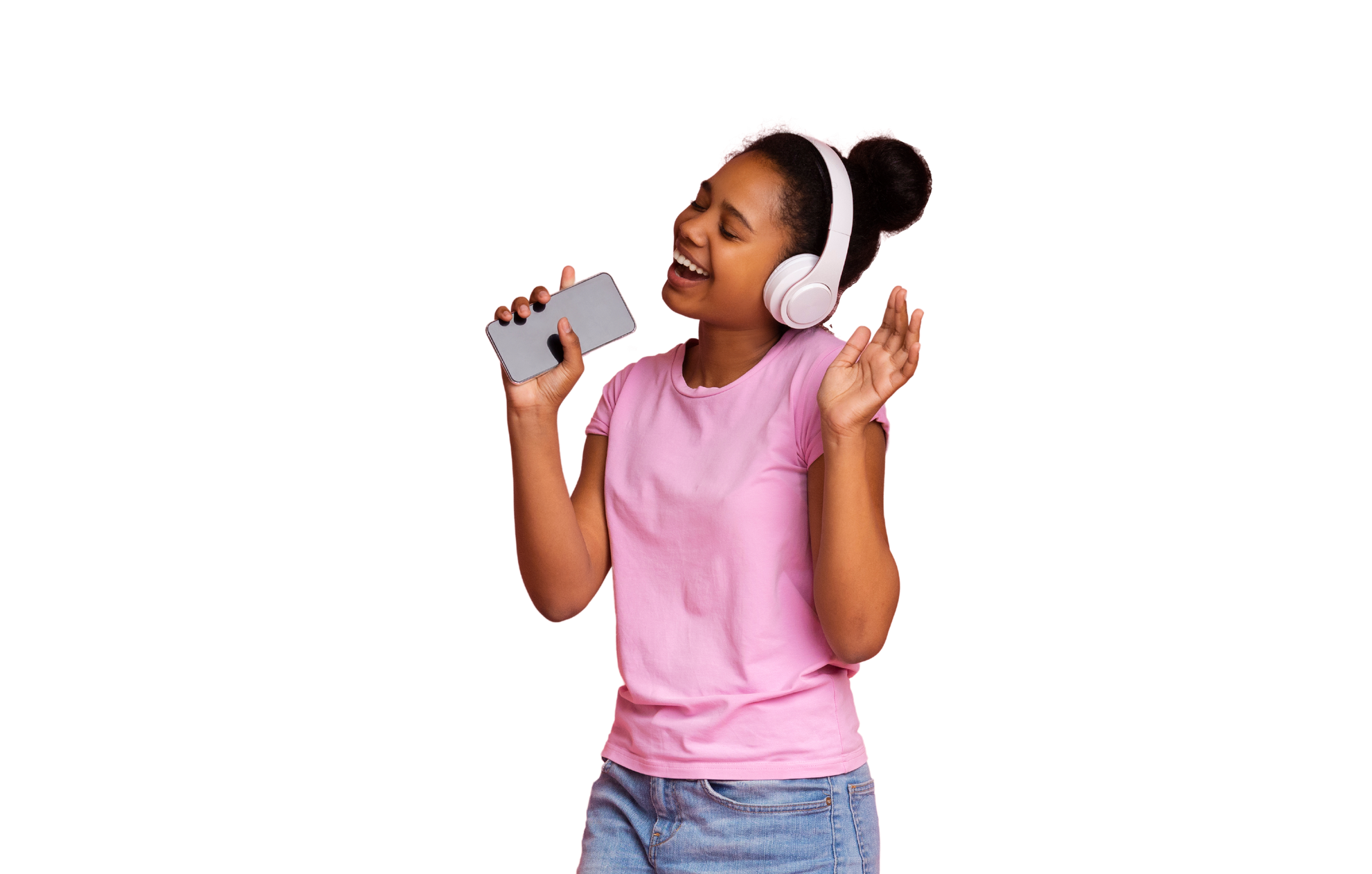 young woman singing with her smartphone using TakeOne music making app